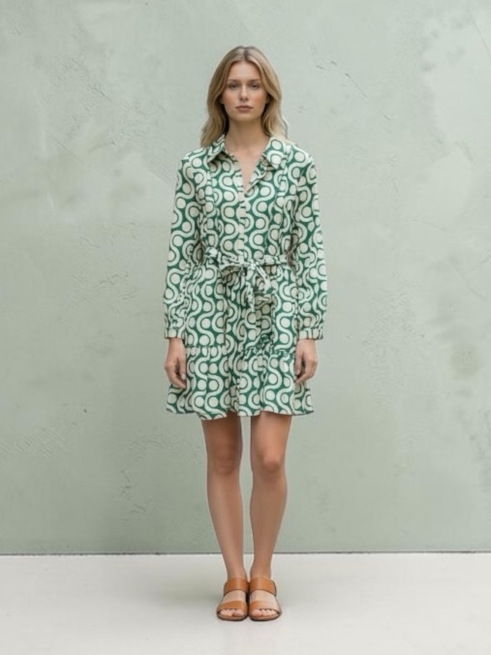 Zara Geometric Print Long-Sleeve Dress Green & White Size L